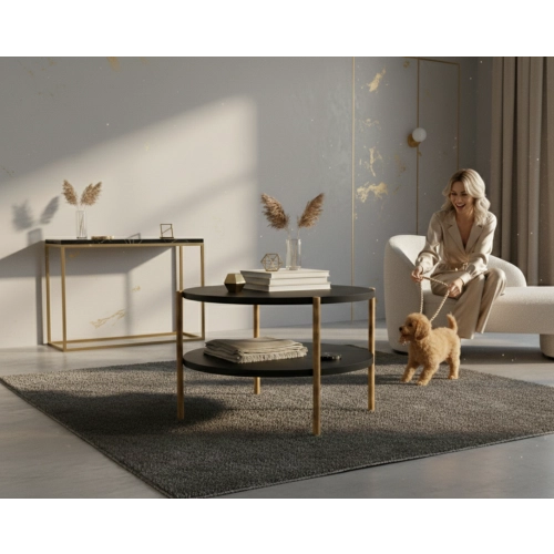 STOLIK KAWOWY z Drewna Litego Dębowego Blat Czarny Płyta MDF  STK-937